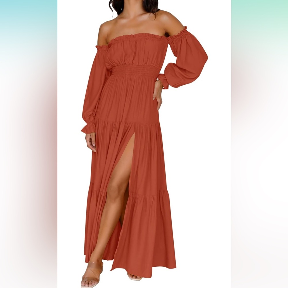 Off Shoulder Long Sleeve Smocked High Waist Side Split Flowy Long Maxi dress